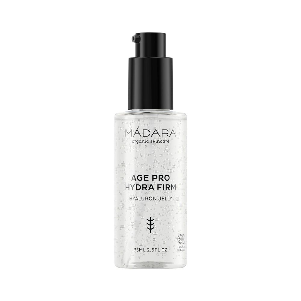 Transparente Flasche mit schwarzem Pumpkopf. Aufschrift: MÁDARA, AGE PRO HYDRA FIRM, HYALURON JELLY. Unten: 75ml 2.5FL OZ.