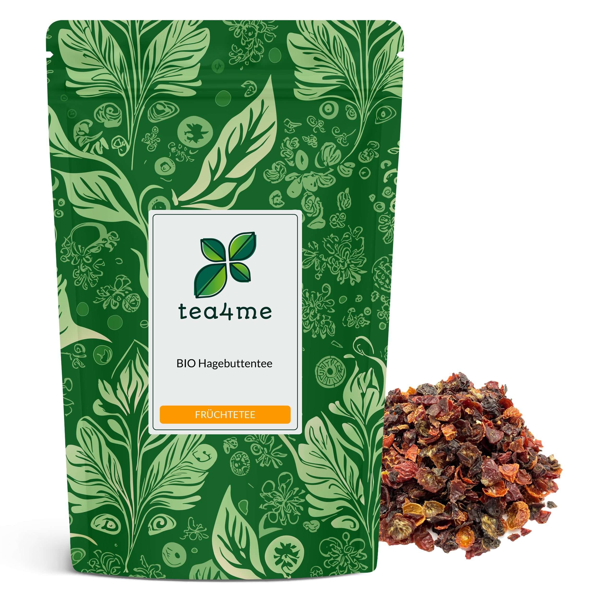 Grüne Verpackung mit floralem Muster und Produktbezeichnung. Daneben Hagebuttentee-Früchte.