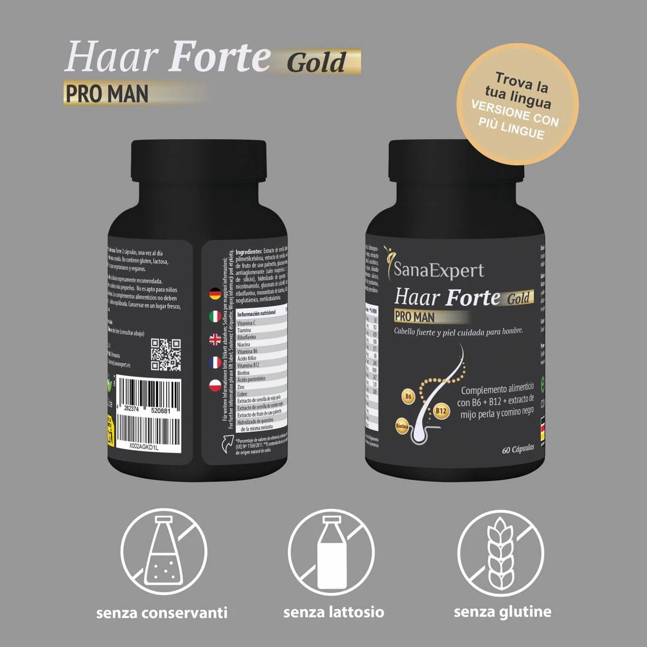 Zwei Ansichten der schwarzen Flasche SanaExpert Haar Forte Gold Pro Man. Ohne Konservierungsstoffe, Laktose und Gluten.