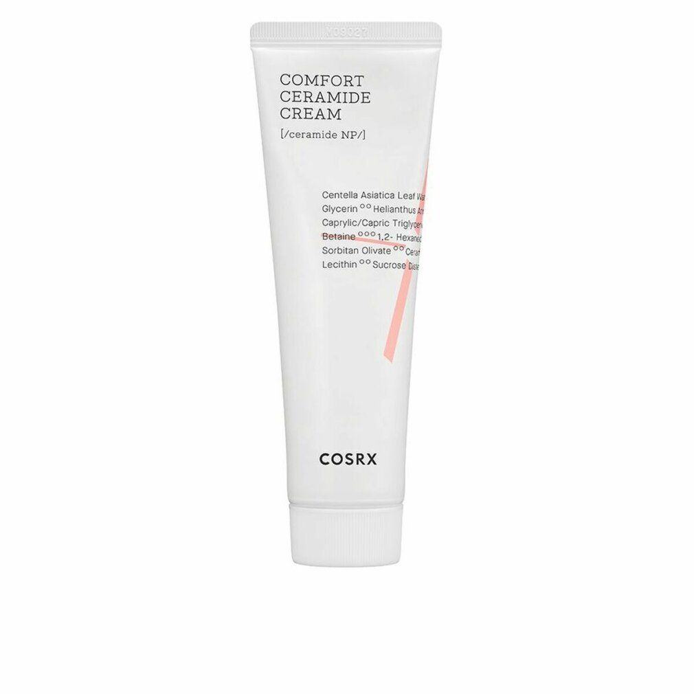 Weiße Tube mit Aufschrift 'Comfort Ceramide Cream' und Inhaltsstoffen. Marke: COSRX.