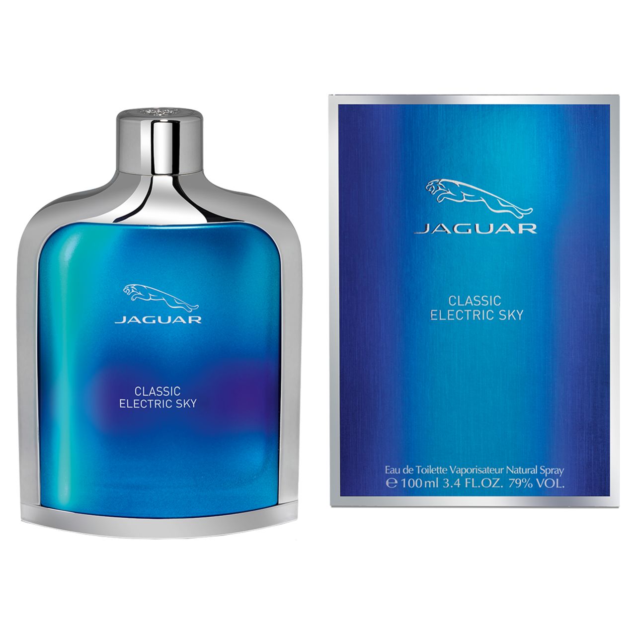 Blau-türkisfarbener Flakon und Schachtel. Aufschrift: Jaguar Classic Electric Sky. Silberner Deckel und Umrandung. Logo: springender Jaguar.