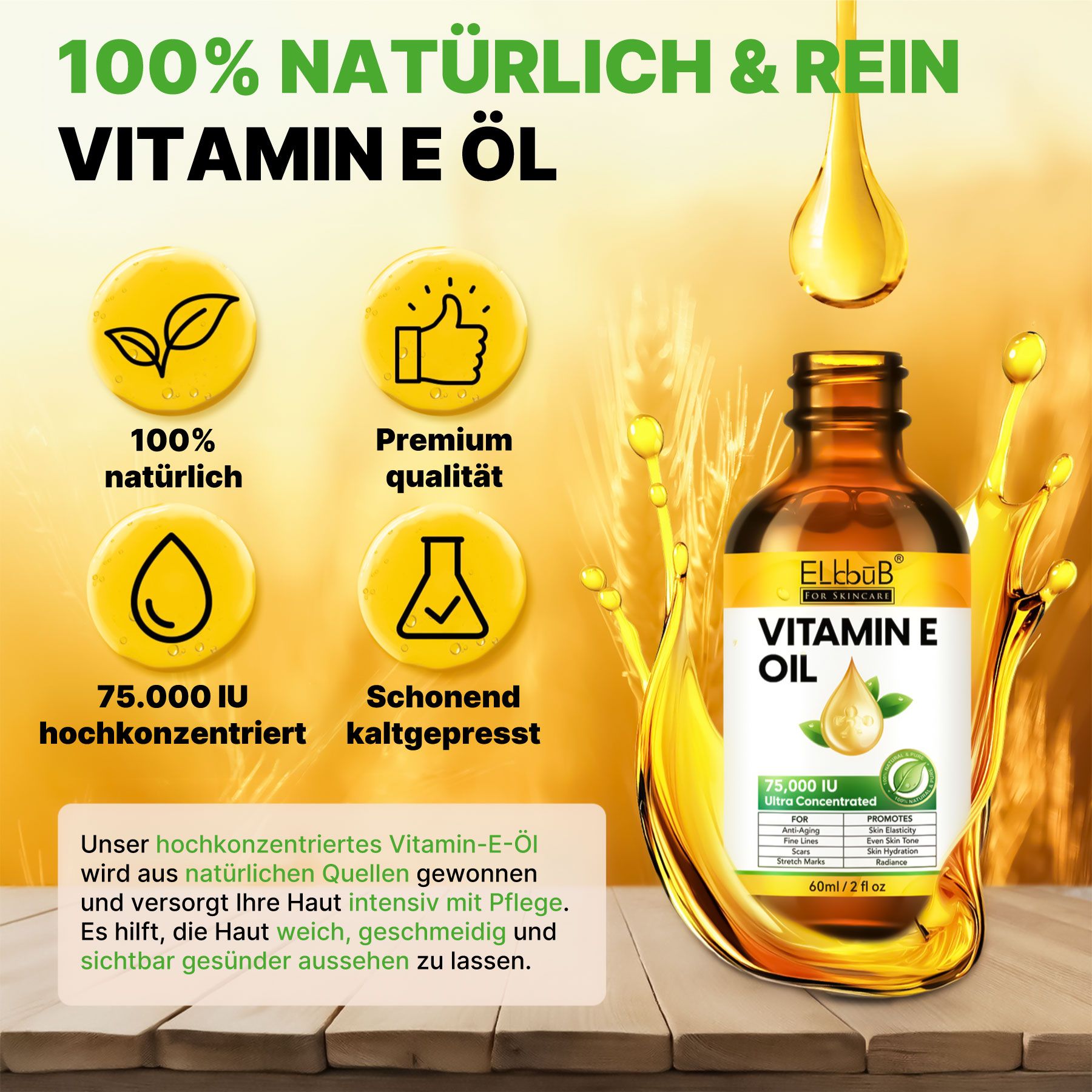Braune Glasflasche mit Vitamin E Öl, 75.000 IU, ultra-konzentriert. Daneben vier Icons: Blatt, Daumen hoch, Tropfen, Kolben.