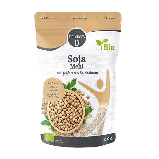 BFF Bio Sojamehl aus gerösteten Sojabohnen, 350g Beutel mit Siegeln für 41% Protein, gentechnikfrei und Low Carb.