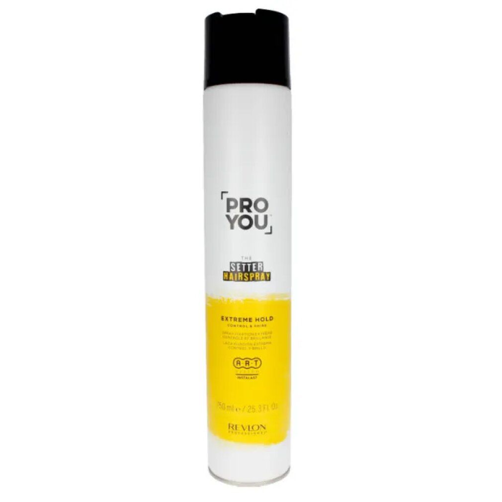 Haarspray-Dose, weiß mit schwarzem Deckel. Gelbes Etikett mit Text: PRO YOU, THE SETTER HAIRSPRAY, EXTREME HOLD. Marke: Revlon.