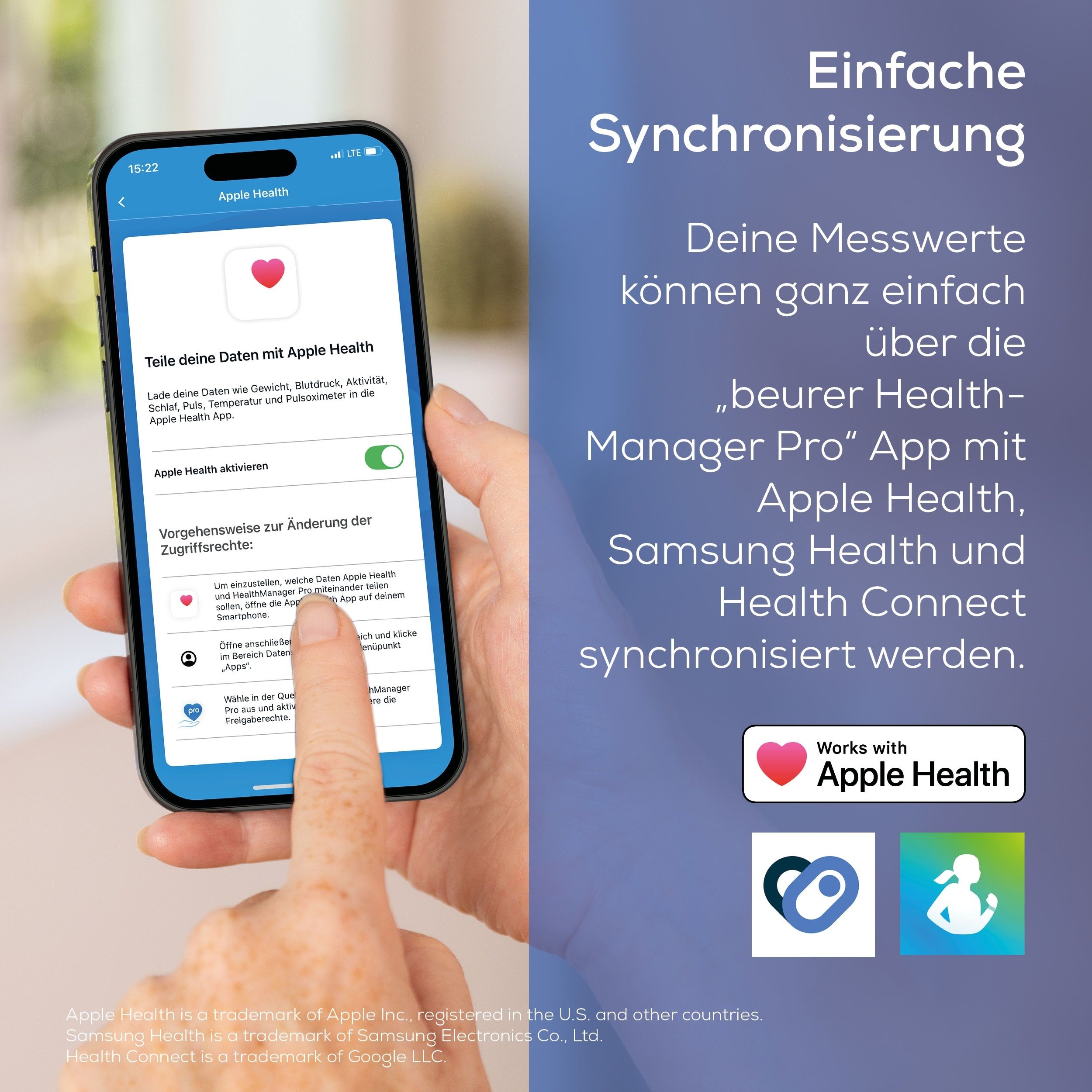 Smartphone zeigt Apple Health-Schnittstelle zur Synchronisierung von Gesundheitsdaten.