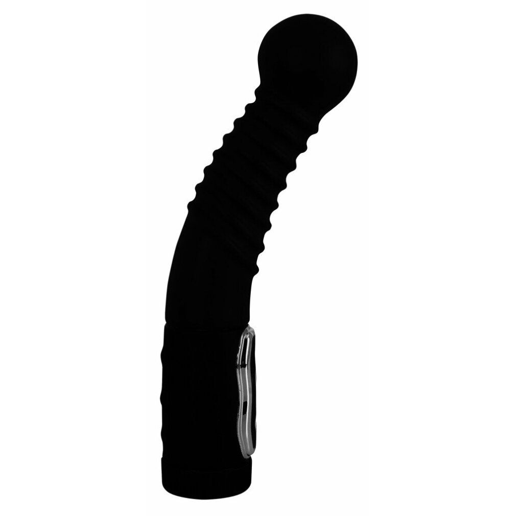 Schwarzes Massagegerät mit geriffelter Oberfläche und rundem Kopf.