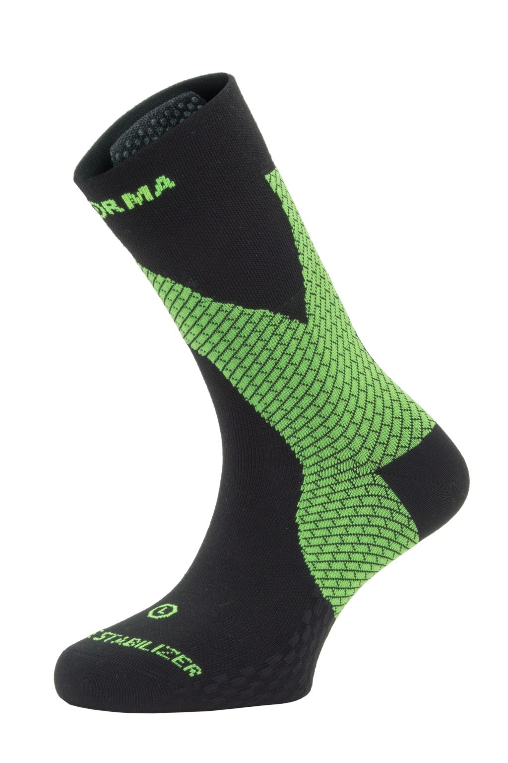 Calzino stabilizzatore di caviglia Enforma. Nero con dettagli verdi. Il design presenta un motivo verde strutturato sul gambo e sulla caviglia. Sono visibili il logo e la scritta "STABILIZER".