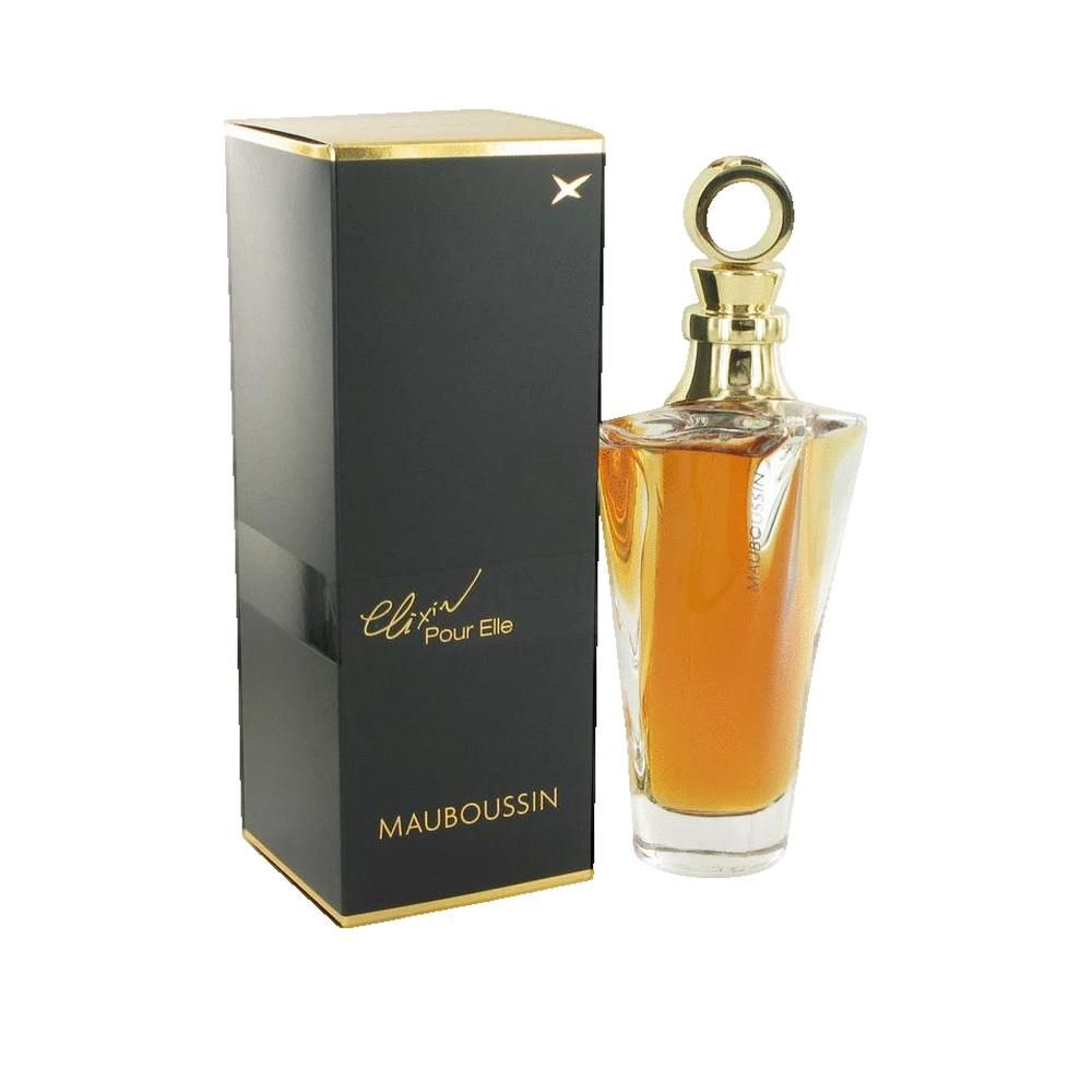 Parfümflakon mit goldfarbenem Verschluss und schwarzer Verpackung. Aufschrift: Elixir Pour Elle, Mauboussin.