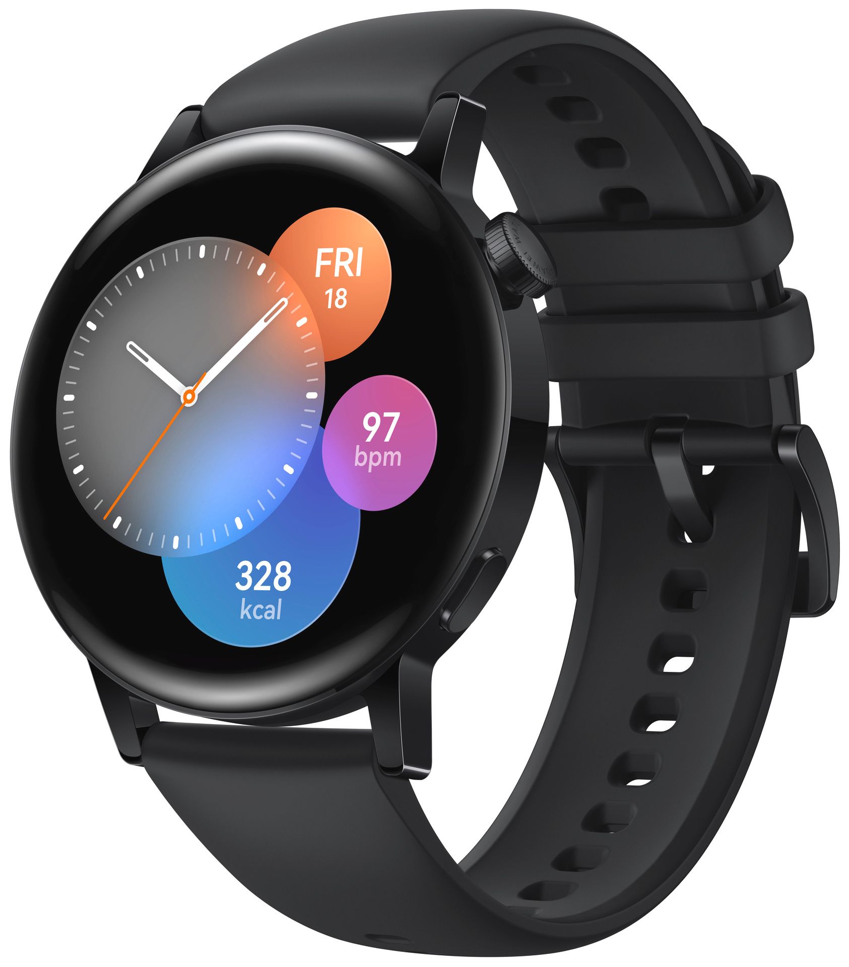 Schwarze Smartwatch mit rundem Zifferblatt und schwarzem Armband. Anzeige von Datum, Herzfrequenz und Kalorien.