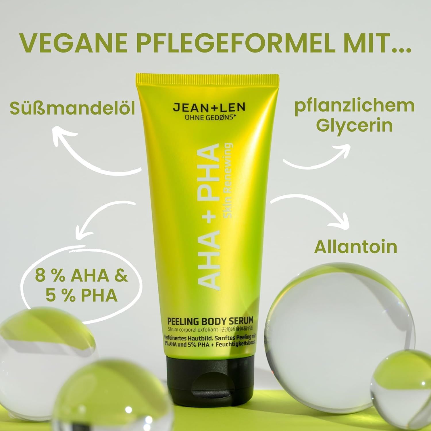 Grüne Tube mit schwarzem Deckel. Text: AHA + PHA, Peeling Body Serum. Inhaltsstoffe: Süßmandelöl, pflanzliches Glycerin, Allantoin, 8% AHA & 5% PHA.