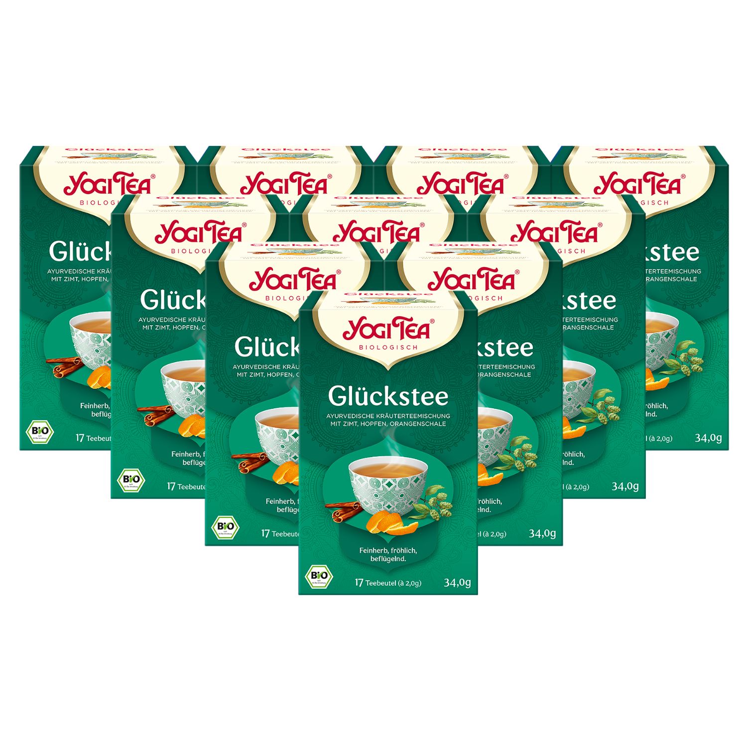 Mehrere Packungen Yogi Tea - Glücks Tee Bio Kräutertee. Grüne Verpackung mit Logo und Produktbezeichnung. 17 Teebeutel, 34,0g.