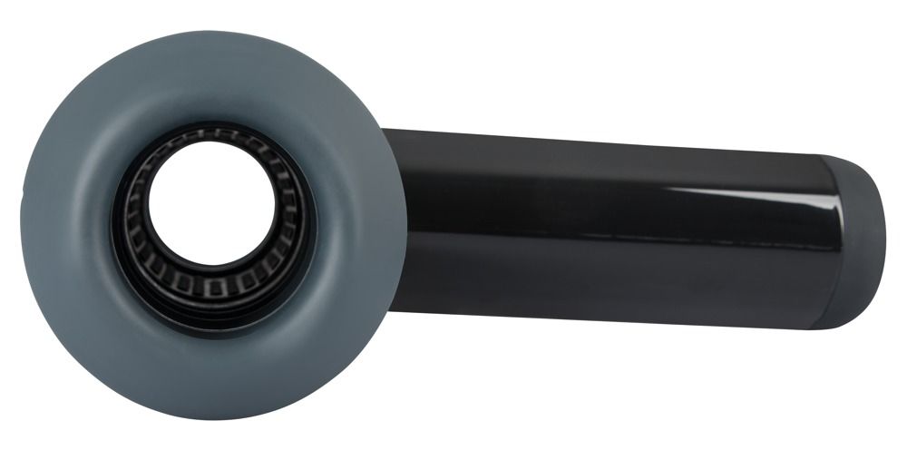 Schwarzes Gerät mit grauem, rundem Ende. Zylindrischer Körper. Innenliegende Struktur sichtbar.