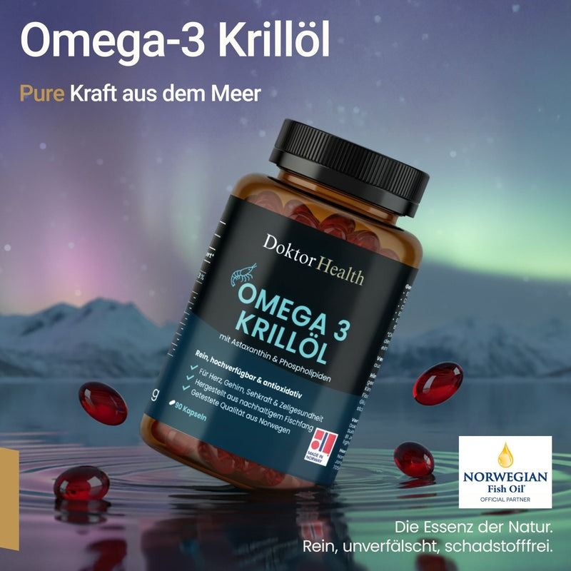 Braune Flasche mit Omega-3 Krillöl-Kapseln. Rote Kapseln liegen daneben. Aufschrift: Doktor Health, Omega 3 Krillöl.