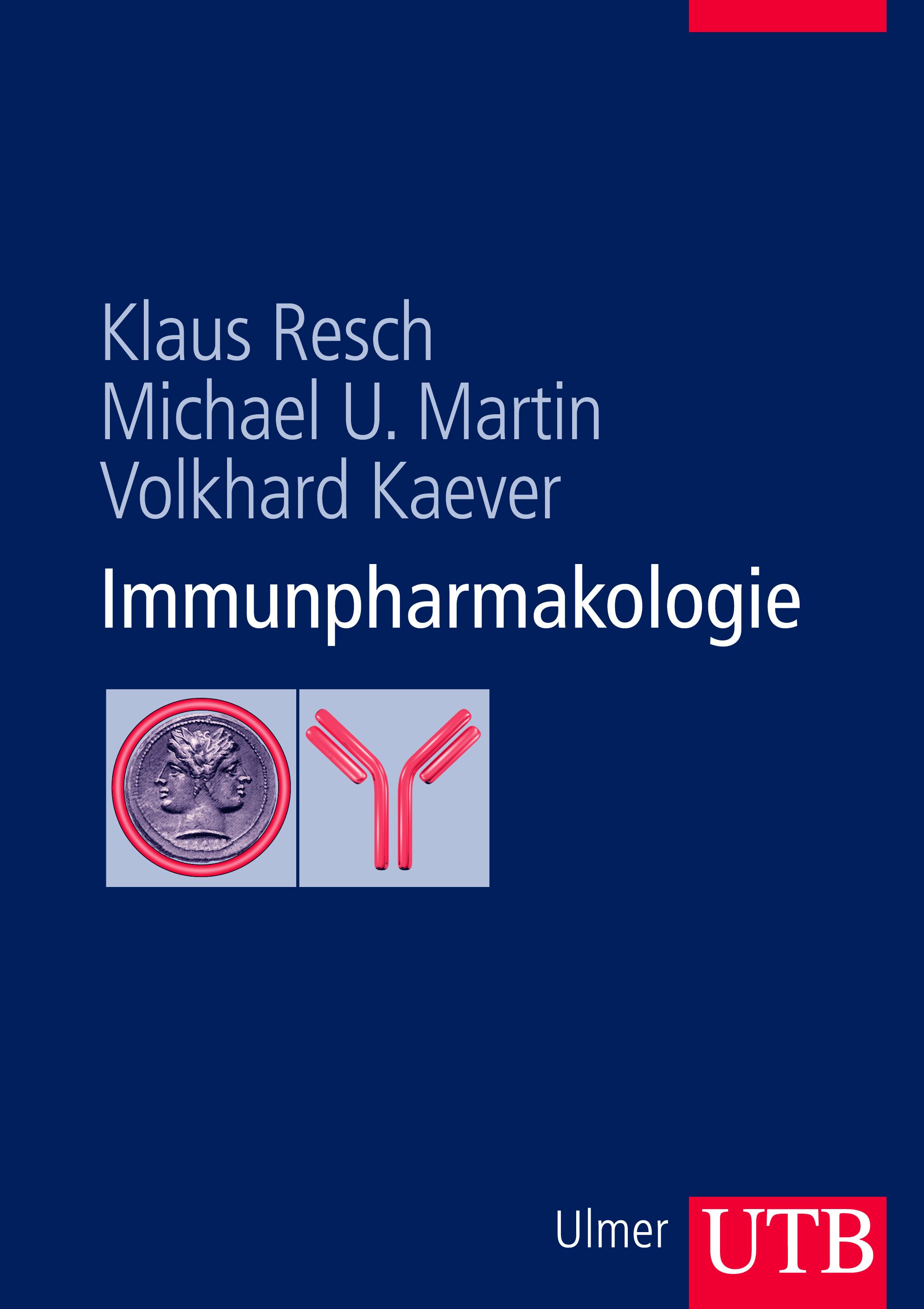 Buchcover mit Titel 'Immunpharmakologie' und Autorennamen. Logos von Ulmer UTB und zwei Abbildungen.