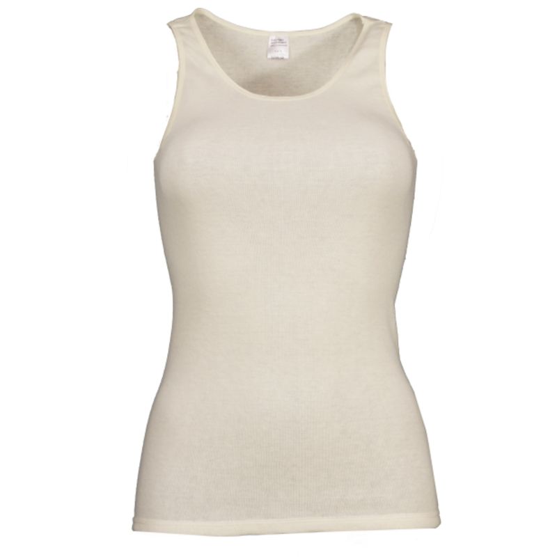 Beige Damenunterhemd ohne Arm. Rundhalsausschnitt, eng anliegend. Angora-Material.