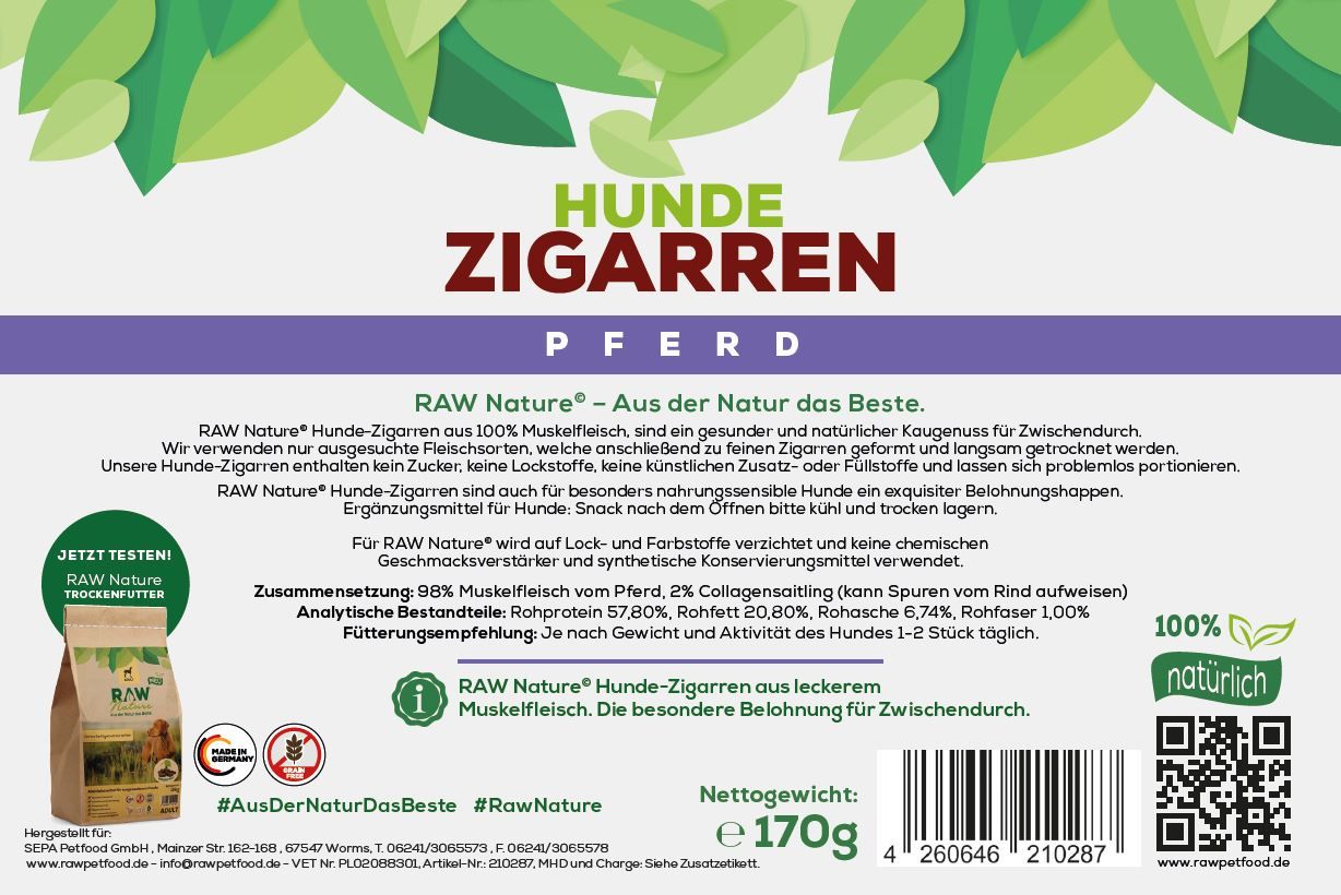 RAW Nature Hundesnack, Pferd Hunde-Zigarren, Dörrfleisch Kausnack