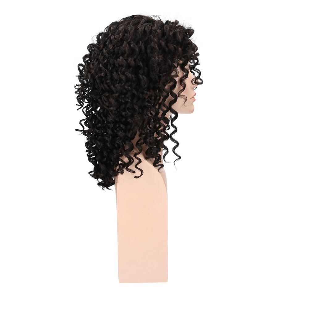 Perücke Maileen von trendhair, lockig, schwarz, auf einer Büste. Seitenansicht.