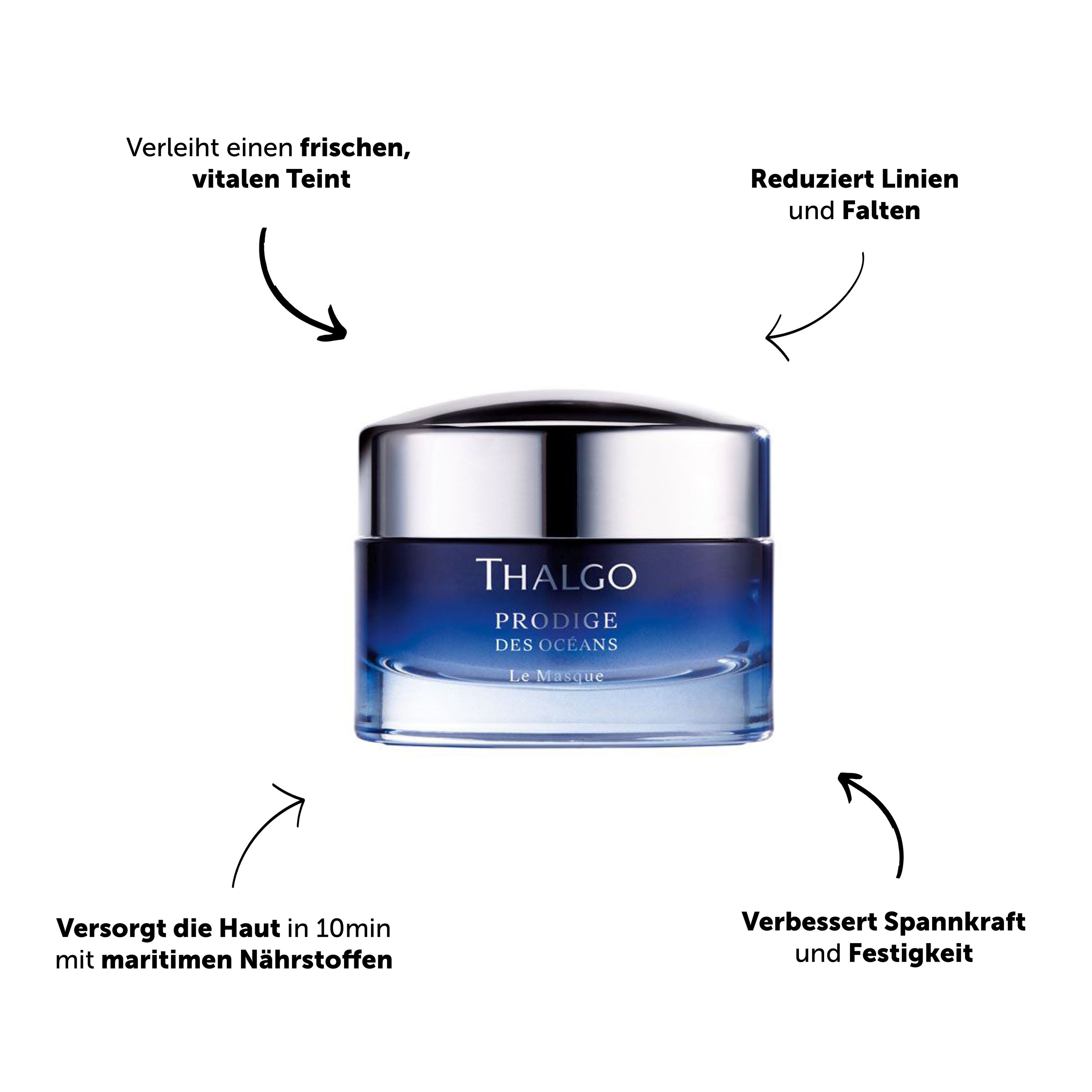 Thalgo "Le Masque" Kosmetikdose mit Pfeilen, die auf Vorteile wie "frischen Teint" und "reduzierte Falten" hinweisen.