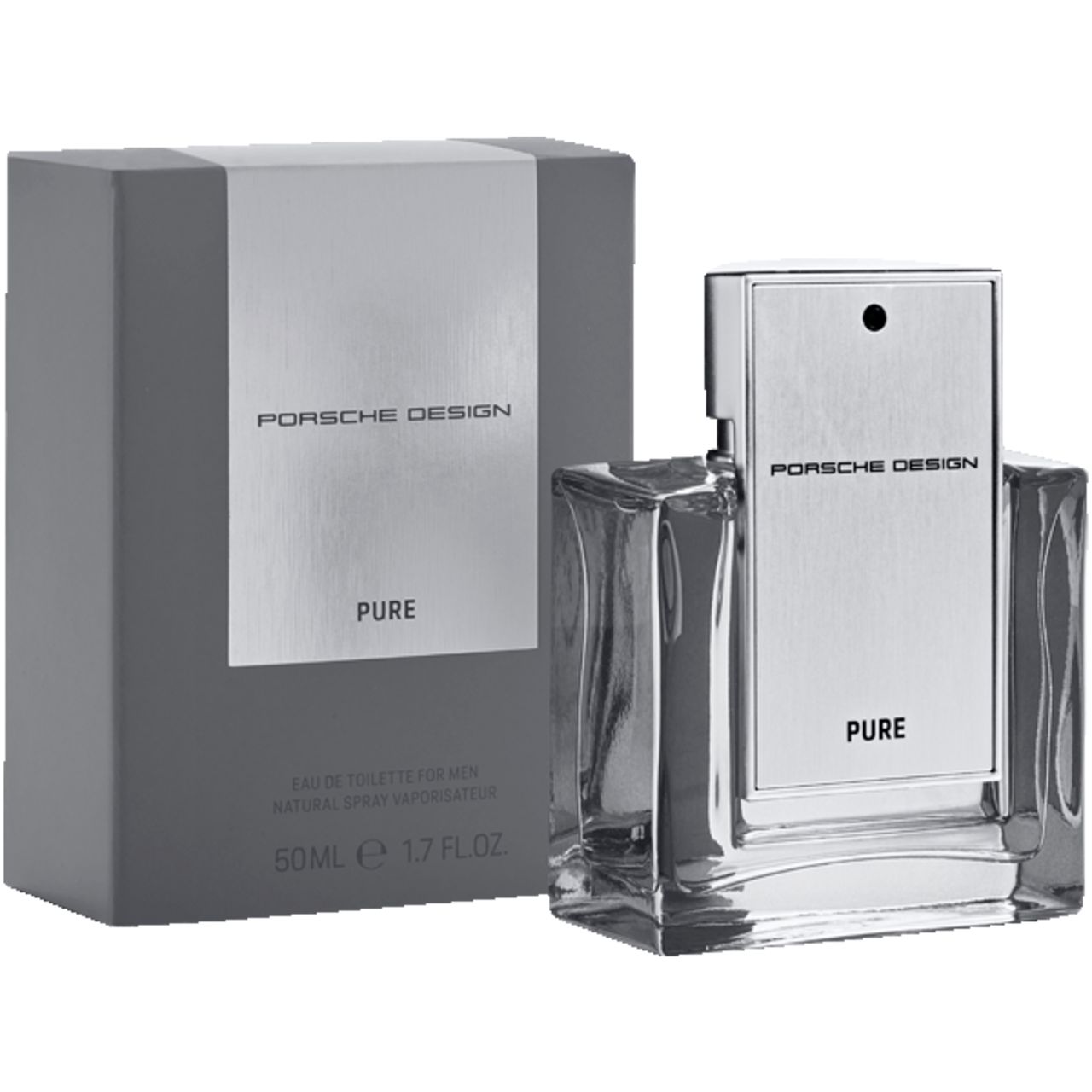Graue rechteckige Schachtel und Flakon. Auf der Schachtel steht "PORSCHE DESIGN PURE". Der Flakon ist transparent mit silberner Front.