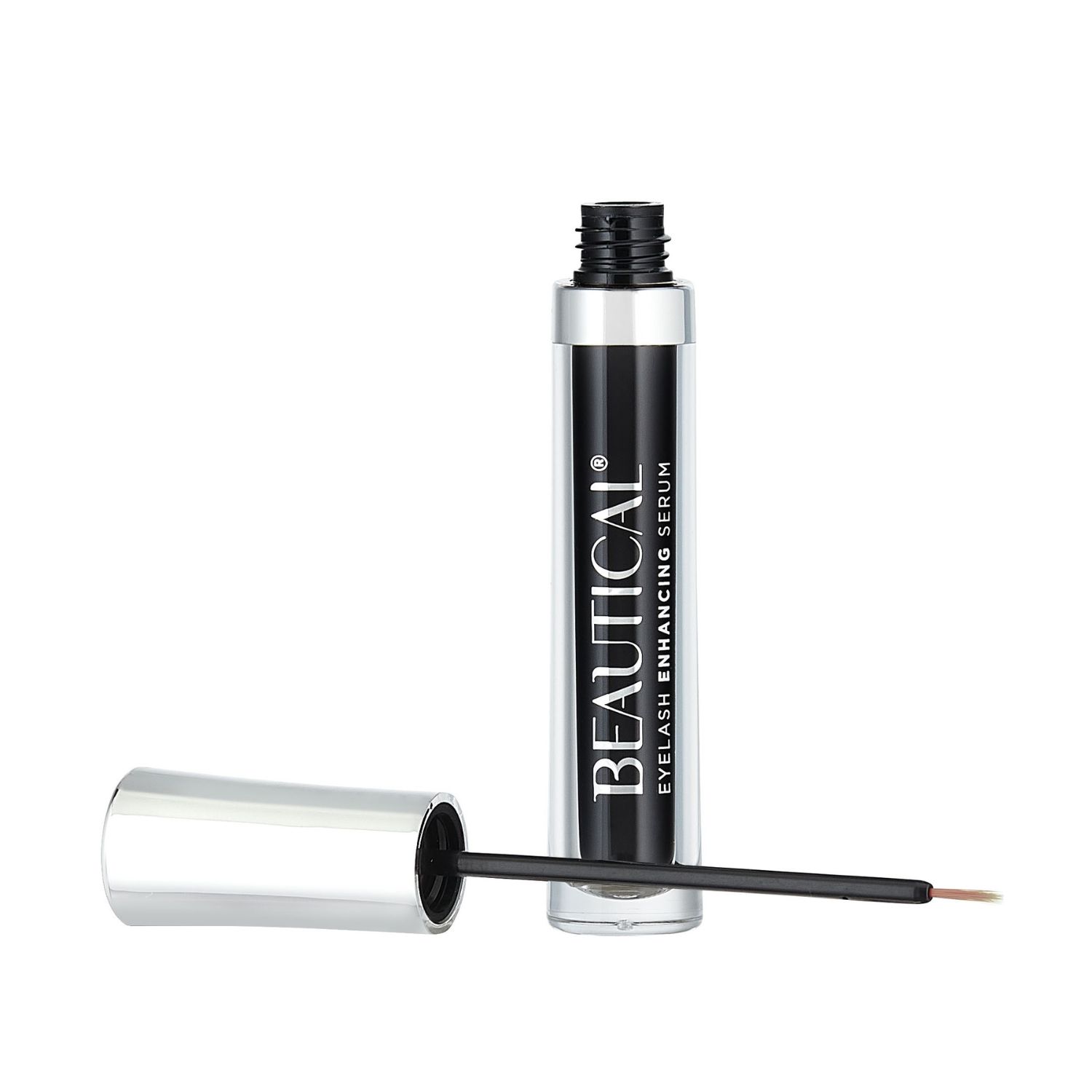 Beautical Wimpernserum. Schwarze Flasche mit silberner Kappe und Applikator. Produktname und Text auf der Flasche.