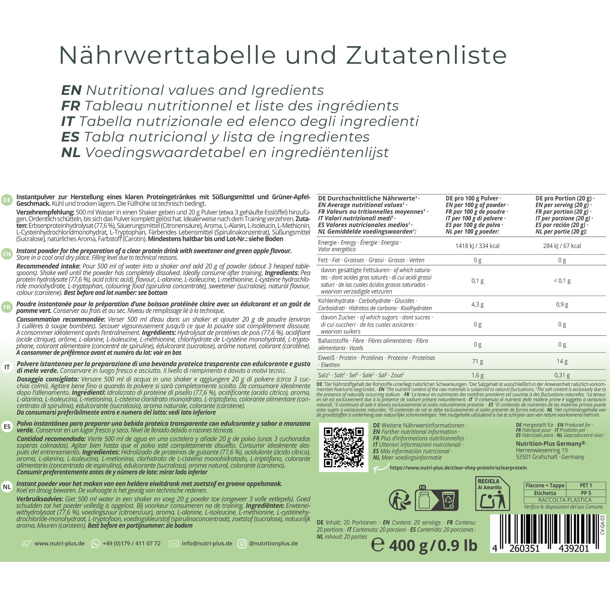 Rückseite des weißen Behälters. Text in mehreren Sprachen, Nährwerttabelle, Zutatenliste, QR-Code, 400g.