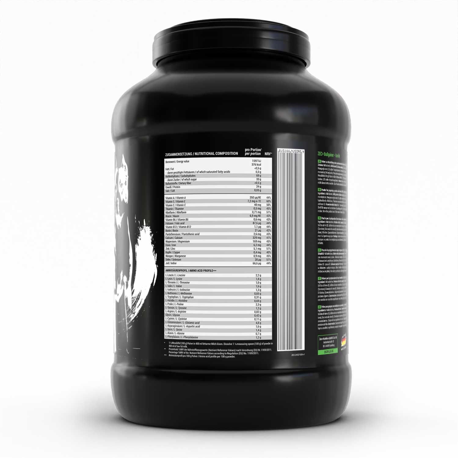 Rückseite des schwarzen Behälters. Nährwertangaben und Barcode. Bulldoggen-Illustration.