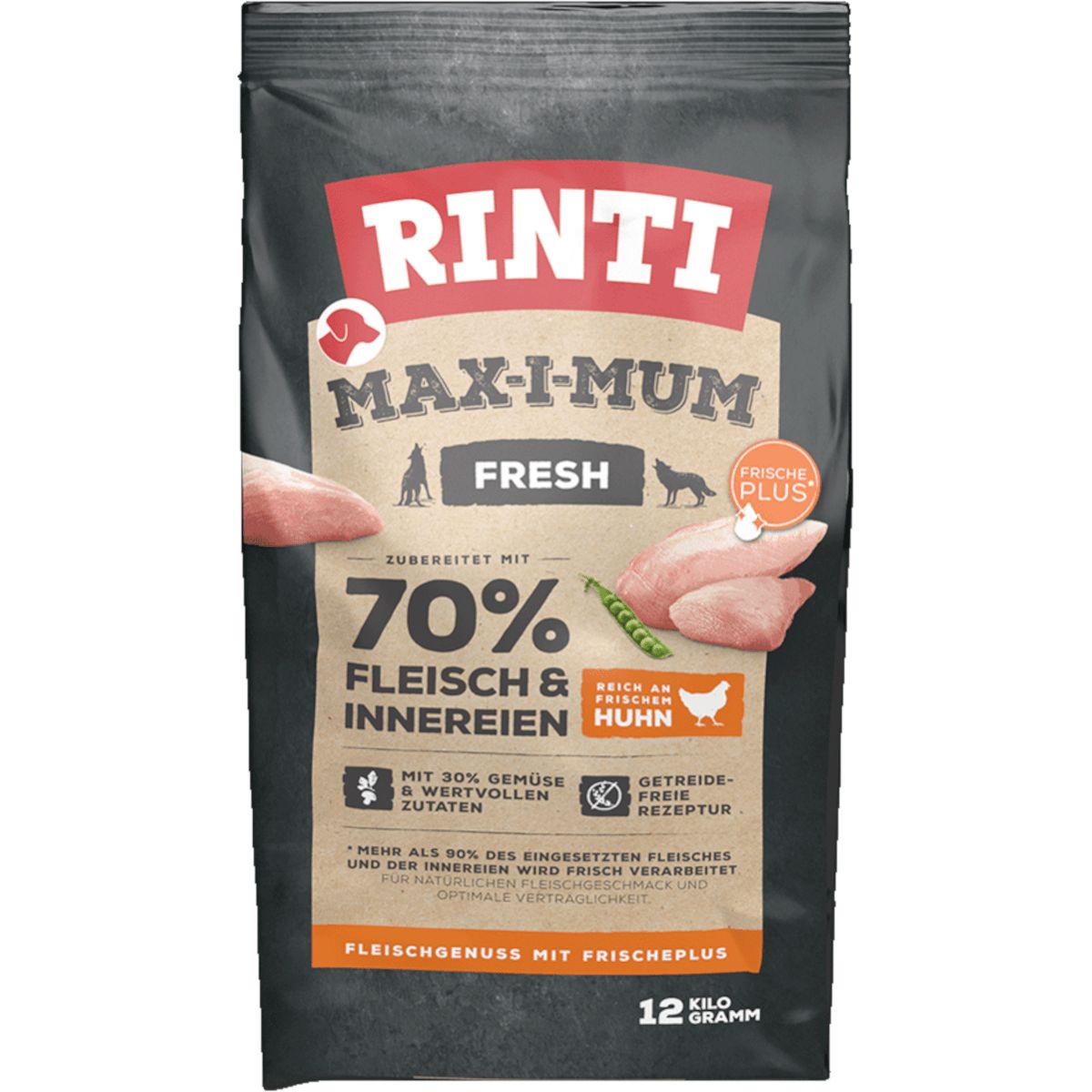 Rinti Max-i-Mum Huhn Hundefutter, 12 kg. 70% Fleisch & Innereien, getreidefrei.