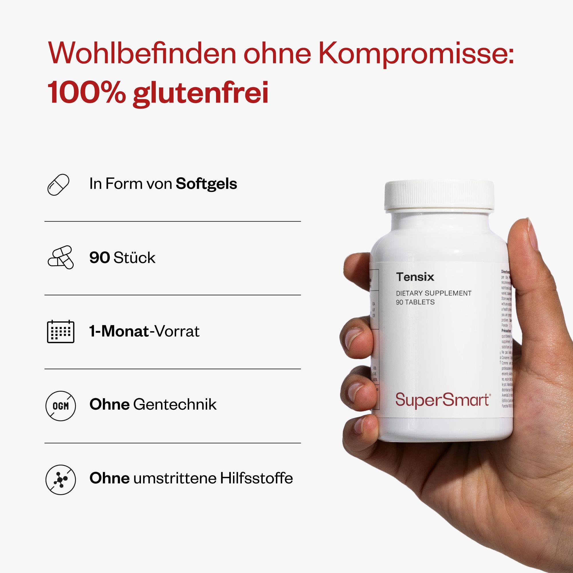 Weiße Flasche Tensix, 90 Tabletten, 1-Monat-Vorrat. Ohne Gentechnik, ohne umstrittene Hilfsstoffe. SuperSmart.