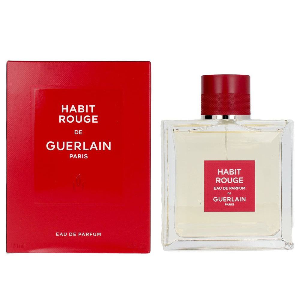Glasflakon und rote Verpackung. Flakon mit rotem Verschluss und Etikett "Habit Rouge". Verpackung mit Text.