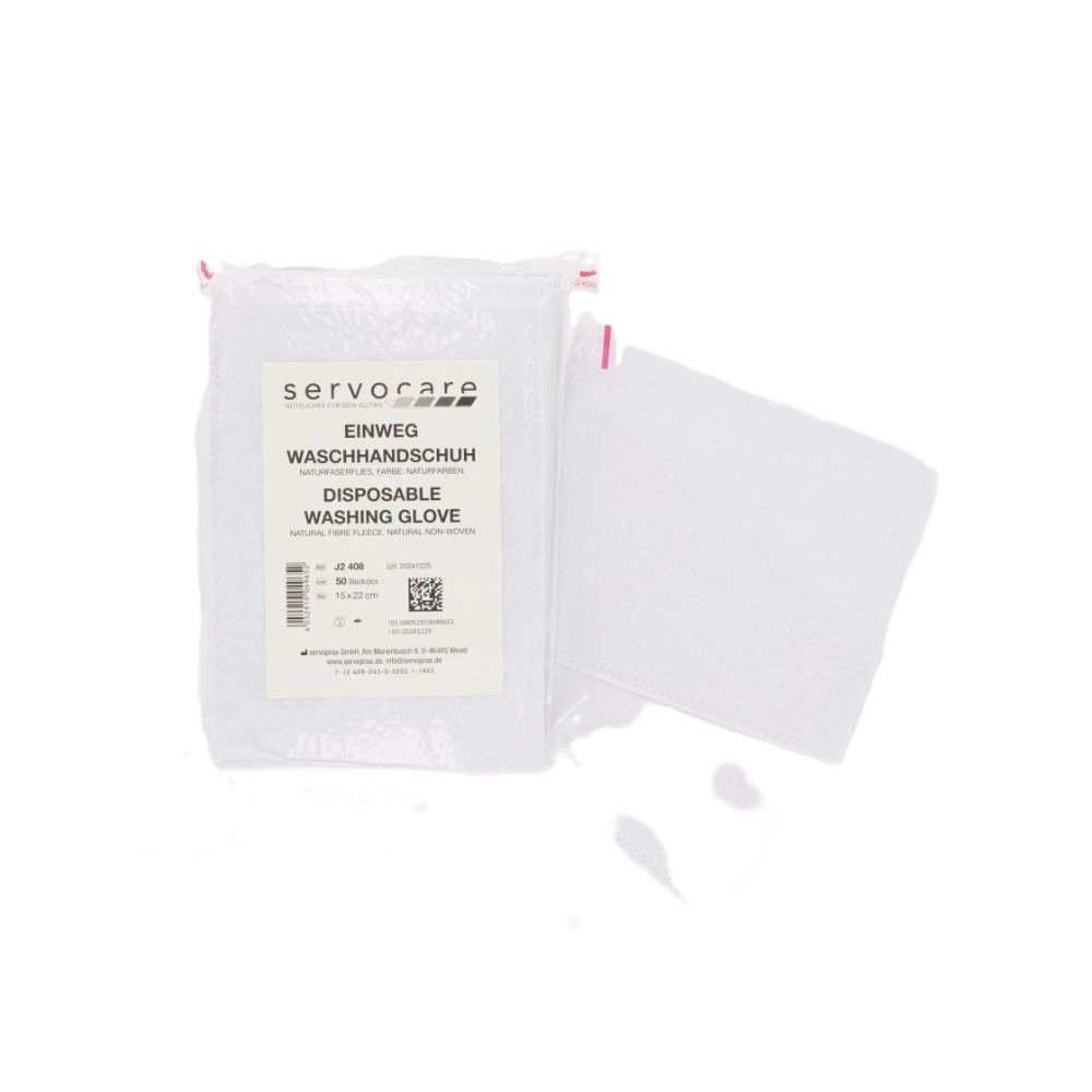 Verpackung mit Einweg-Waschhandschuhen. Aufschrift: servocare, Einweg Waschhandschuh, Disposable Washing Glove. Weiße Handschuhe.