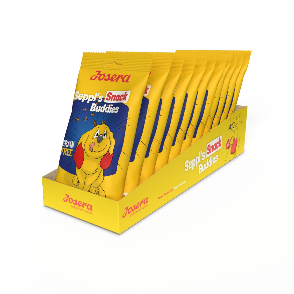 Gelbe Snack-Packungen in einer gelben Box. Aufdruck: „Josera Seppl's Snack Buddies“. Cartoon-Hund.
