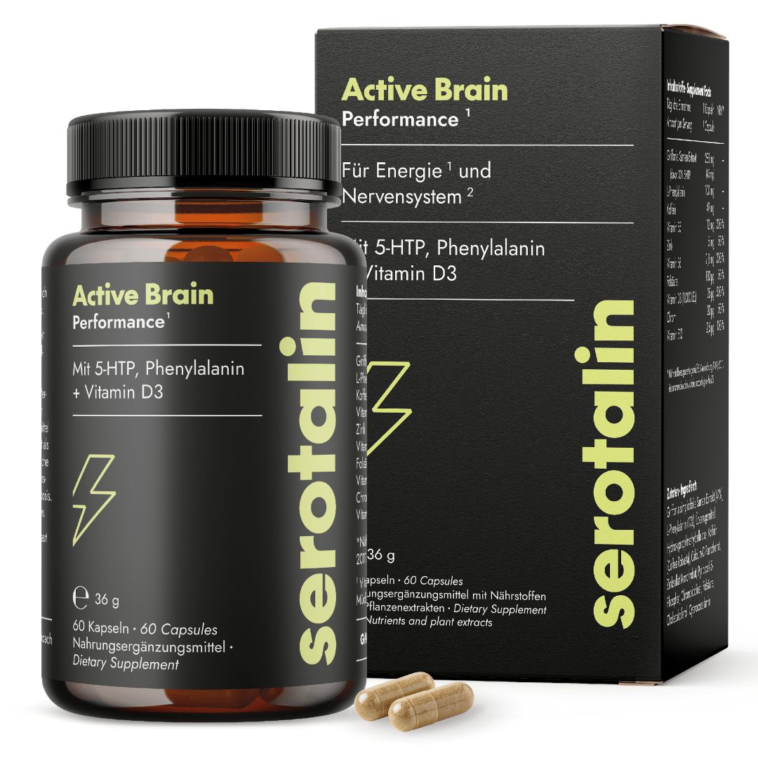 Braune Kapsel-Dose und Schachtel. Aufschrift: serotalin, Active Brain Performance, 5-HTP, Phenylalanin, Vitamin D3. 60 Kapseln.