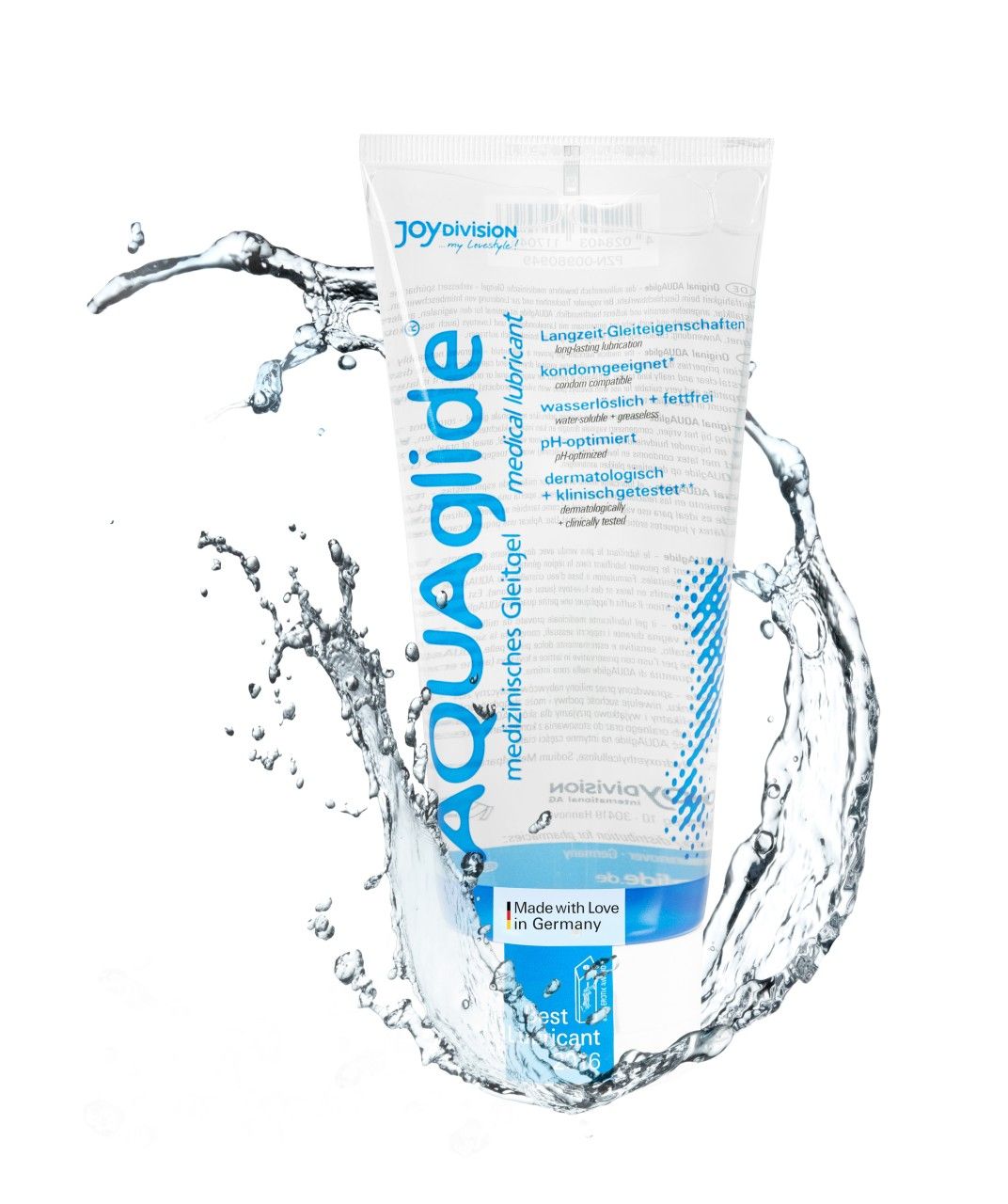 AQUAglige medizinisches Gleitgel Tube umgeben von Wasserspritzern.