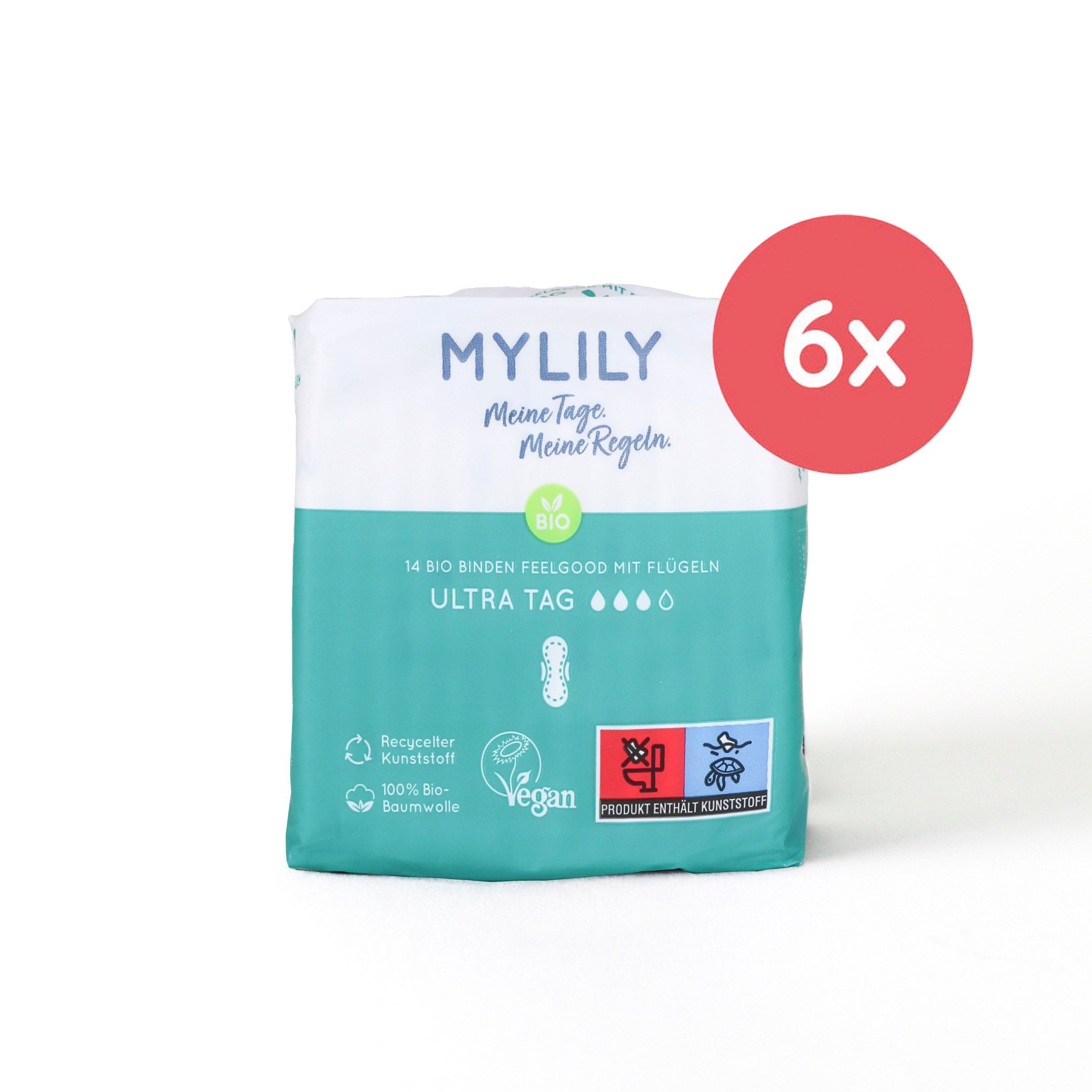 Verpackung MYLILY Bio-Binden Tag. 6er Vorratspack. Grün-weiß. Text: Meine Tage, Meine Regeln, Ultra Tag. Mit Flügeln. Vegan. Recycelt. 100% Bio-Baumwolle.