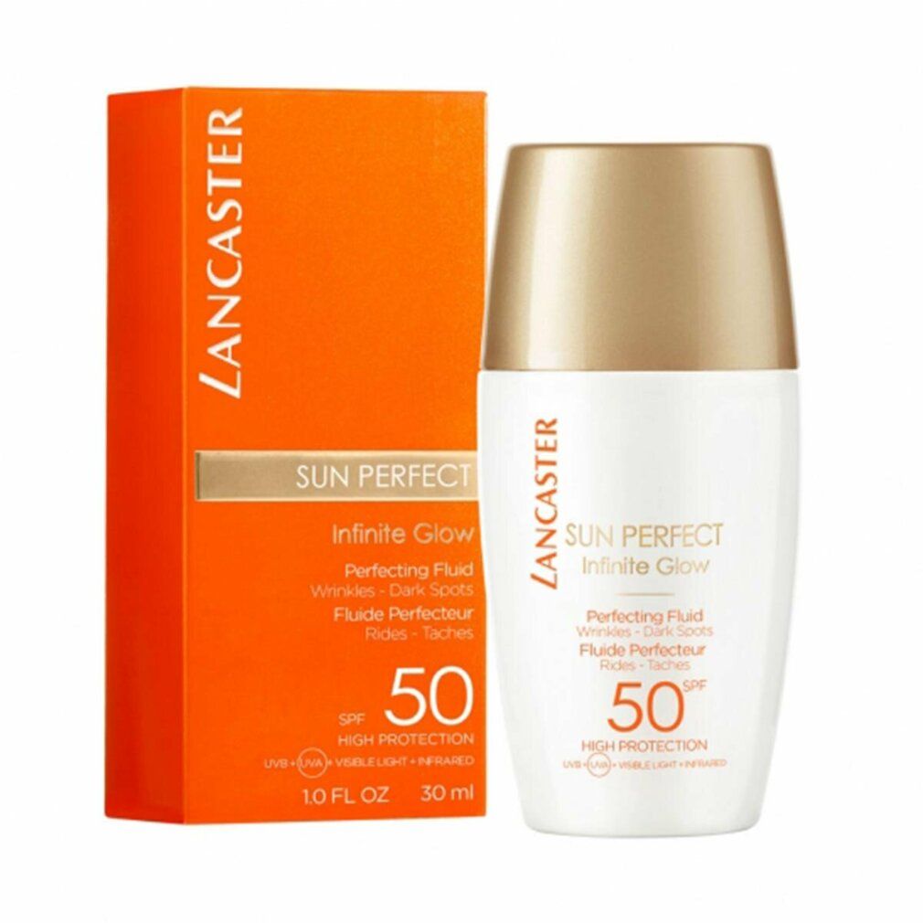 Produktflasche und Verpackung. Aufschrift: Lancaster Sun Perfect Infinite Glow, SPF 50. Produkt für Falten, dunkle Flecken. Orangefarbene Verpackung.