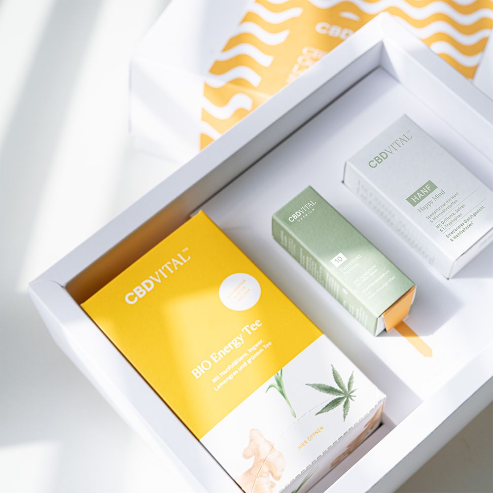 Geschenkset-Inhalt in weißer Schachtel. Enthält eine gelbe Teebox, eine grüne Schachtel und eine kleine weiße Schachtel.