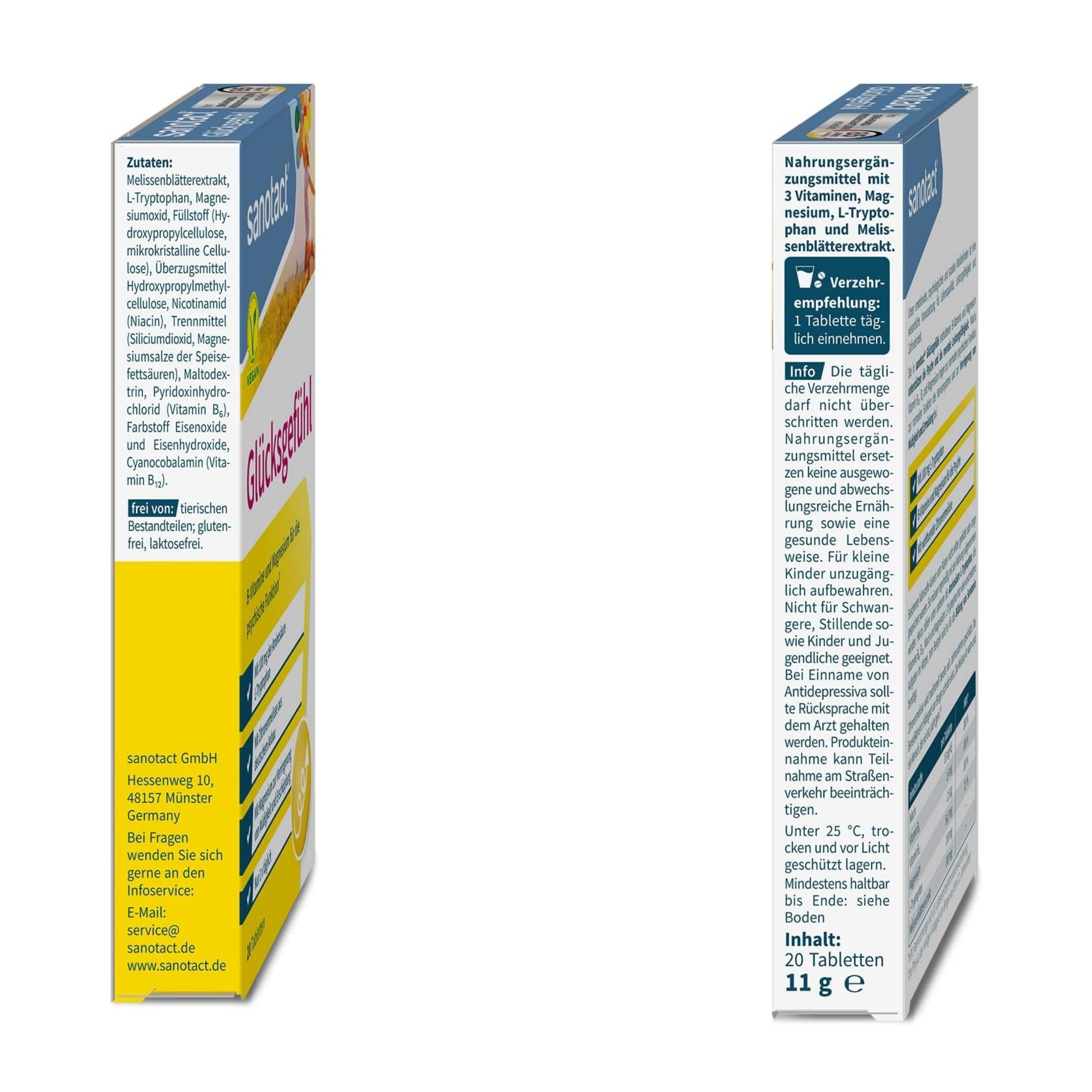 Zwei Ansichten der sanotact Glücksgefühl Verpackung. Enthält 20 Tabletten. Informationen zu Inhaltsstoffen und Verzehrempfehlung.