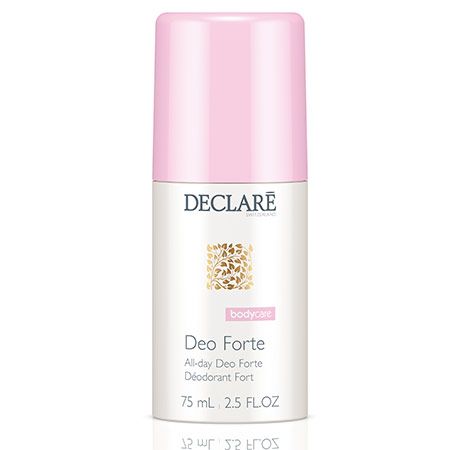 Deo Forte Deodorant-Roller mit rosa Kappe. Weißes Etikett mit Logo und Schriftzug. Volumen: 75 ml.