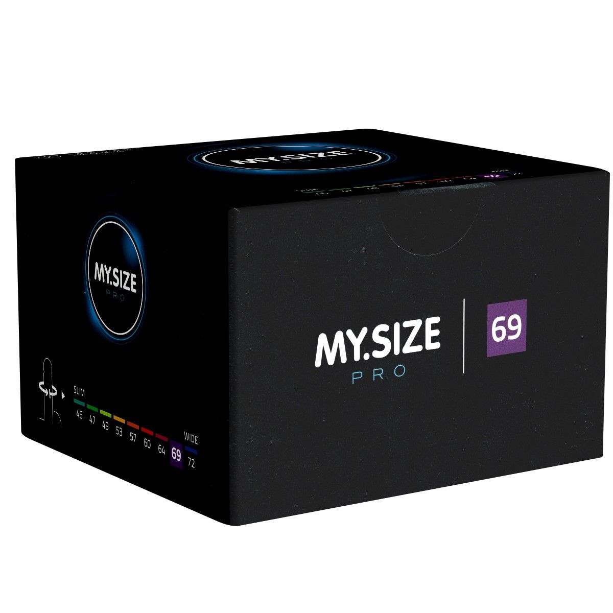 Schachtel mit Kondomen. Aufschrift MY.SIZE PRO, 69 mm. Größenangaben von 45 bis 72 mm.