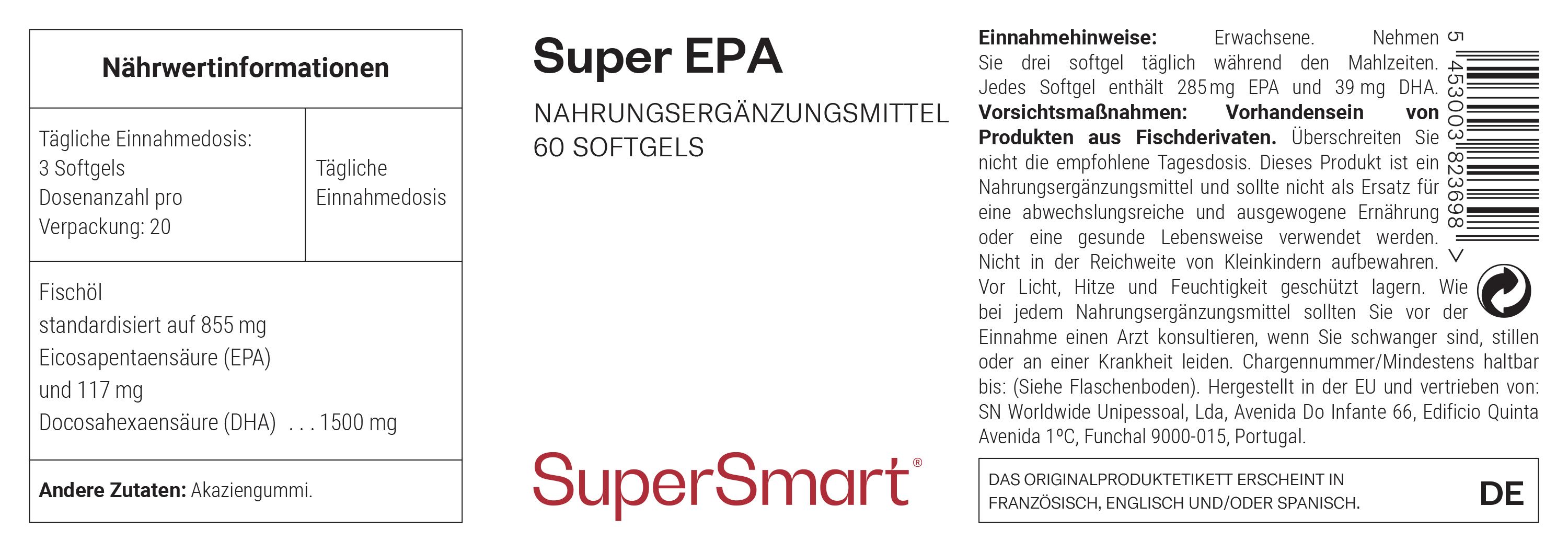 Etikett des Super EPA-Nahrungsergänzungsmittels von SuperSmart. Enthält 60 Softgels. Enthält essentielle Fettsäuren. Mit Nährwertinformationen.