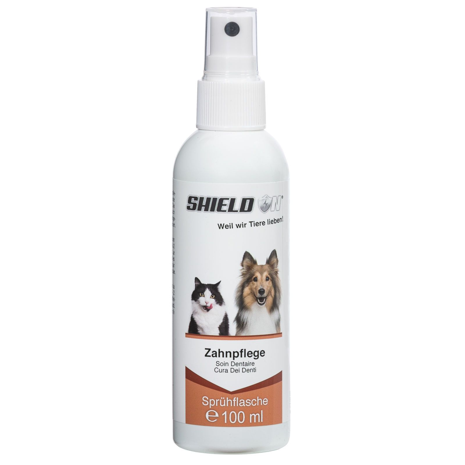 Weiße Sprühflasche mit Produktlogo und Abbildung von Hund und Katze. Text: Zahnpflege, Sprühflasche, 100 ml.