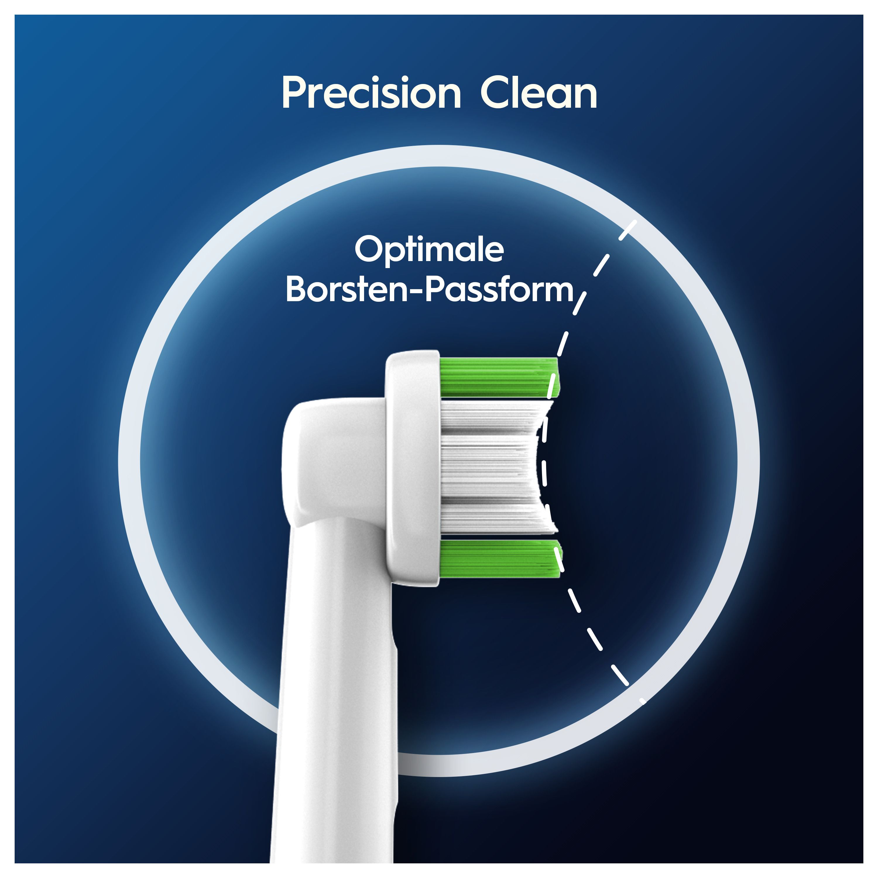 Zahnbürstenkopf mit grünen Borsten. Text: Precision Clean. Optimale Borsten-Passform.