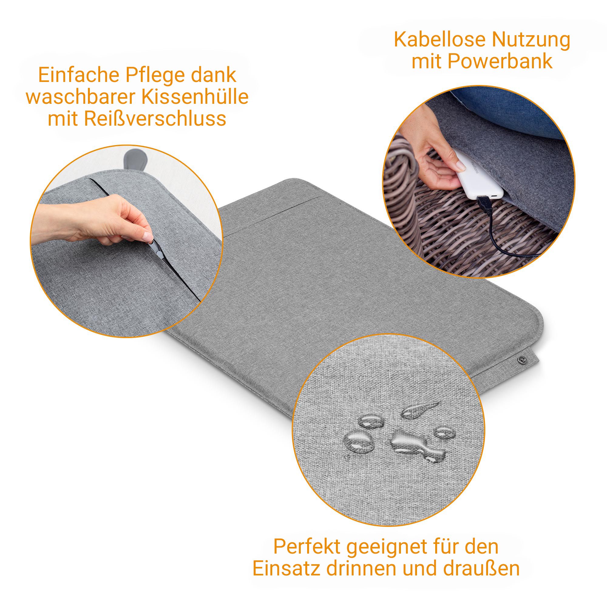 Graues Heizkissen mit seitlichen Befestigungslaschen und Nieten.