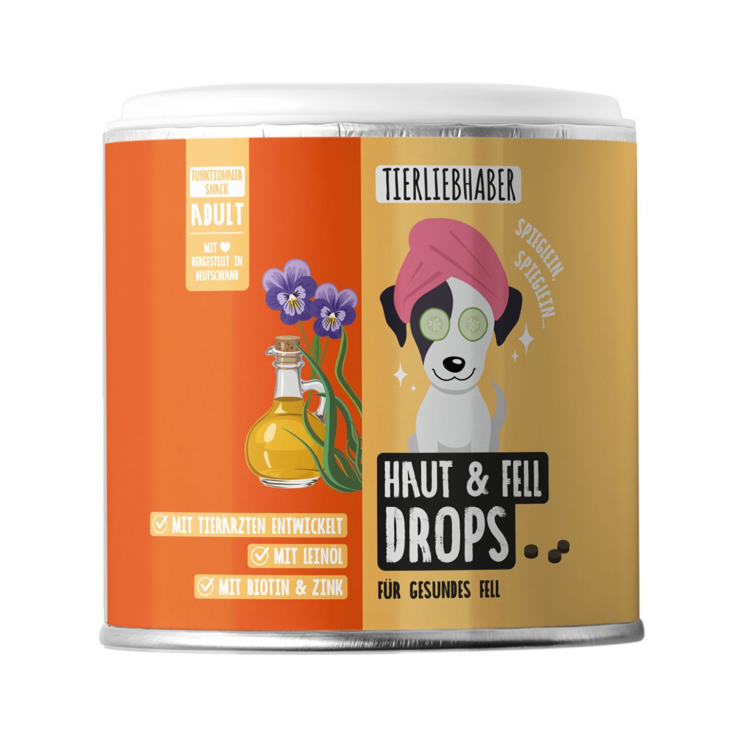 Dose Tierliebhaber Haut & Fell Drops mit Hundemotiv und Ölflasche.
