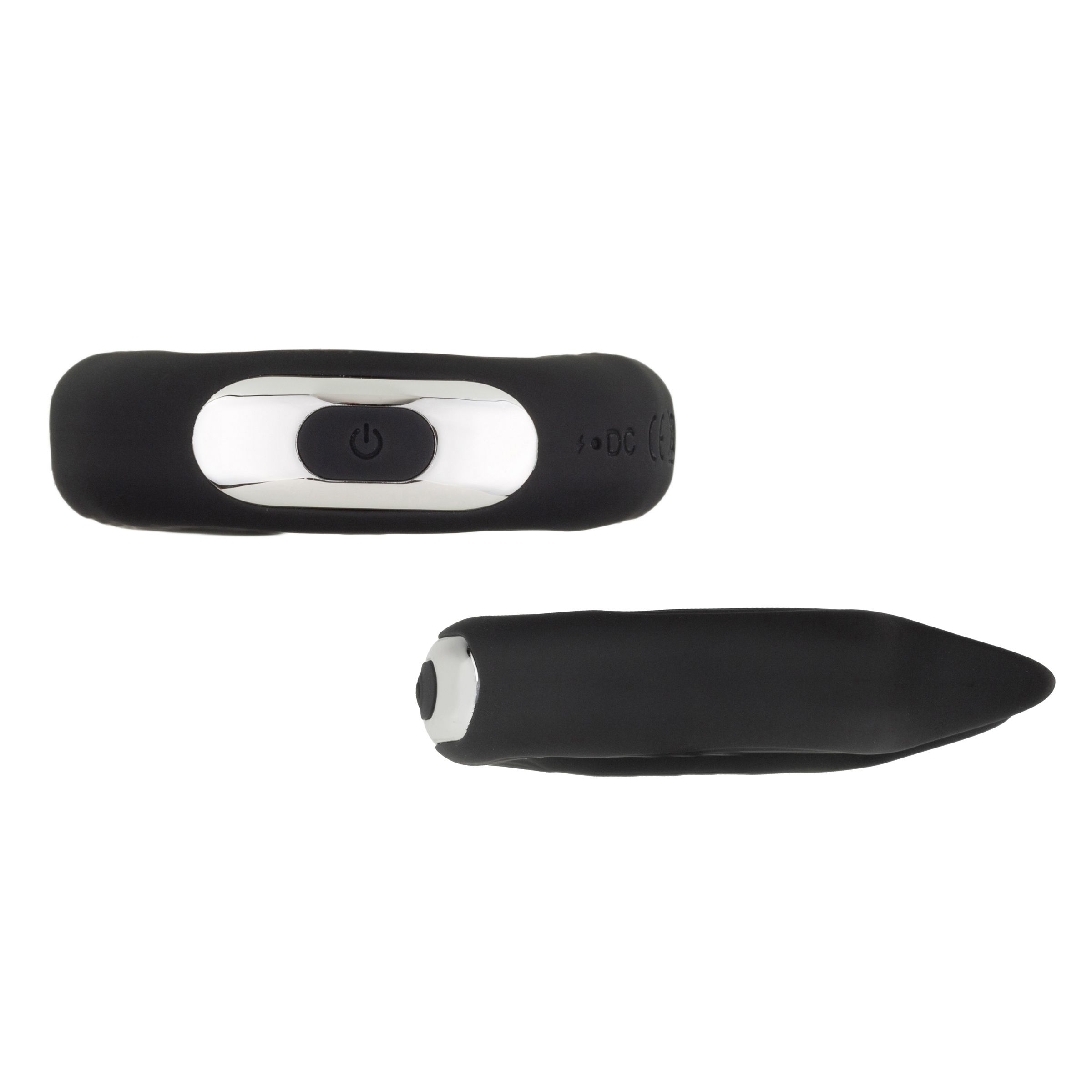 Zwei schwarze Sexspielzeuge. Eines länglich mit Knöpfen, das andere spitz zulaufend.