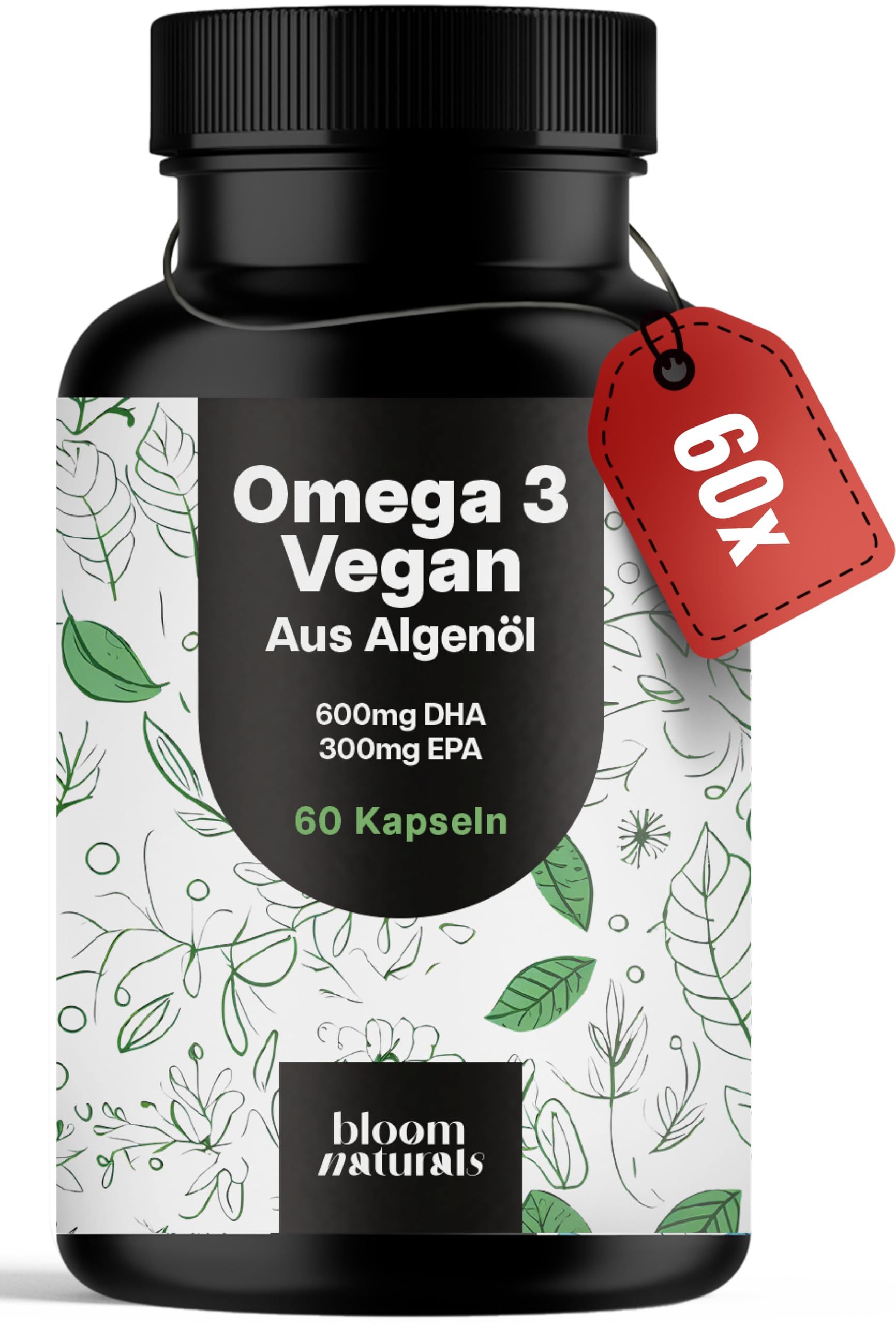 Schwarze Dose mit Omega 3 Vegan Aufdruck und grünen Blättermotiven. Roter Anhänger mit "60x".