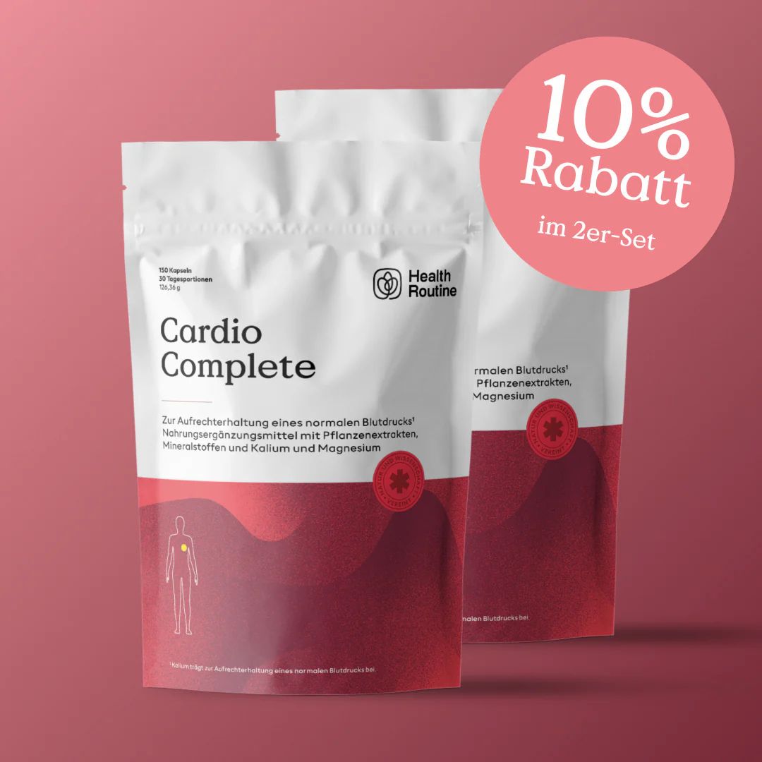 Zwei Produktverpackungen. Text: Cardio Complete. 10% Rabatt im 2er-Set. Health Routine Logo.