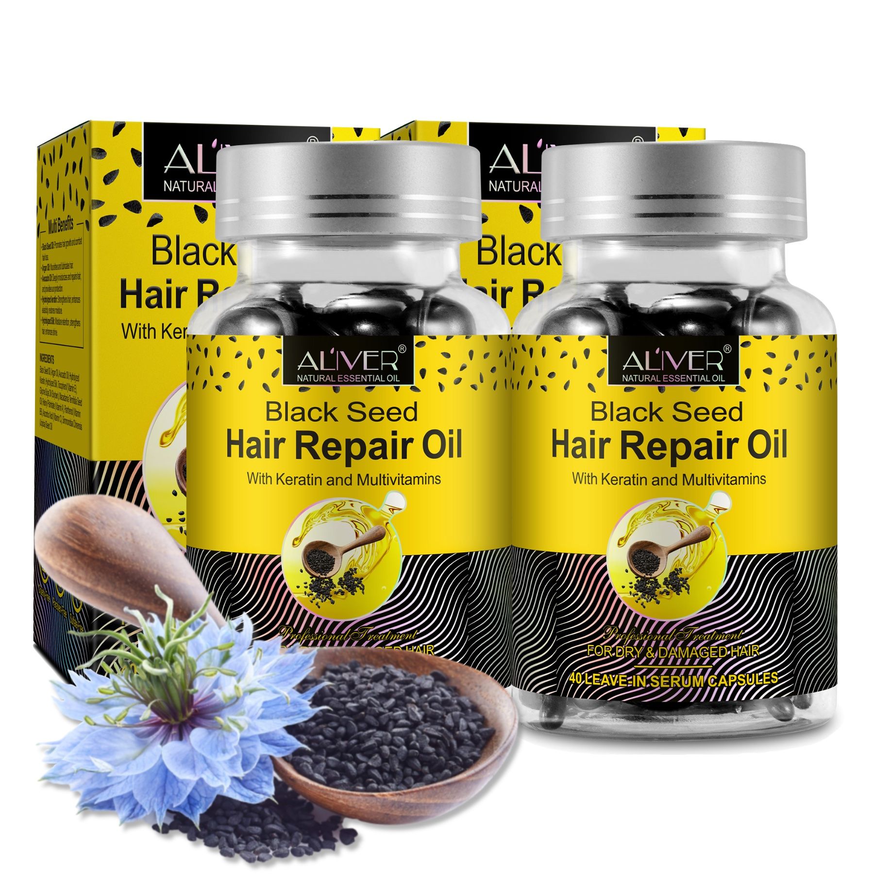 Zwei Flaschen Aliver Haaröl Schwarzkümmelöl Kapseln. Schwarze Kapseln in Glasflaschen. Schwarzkümmelsamen und blaue Blüten.