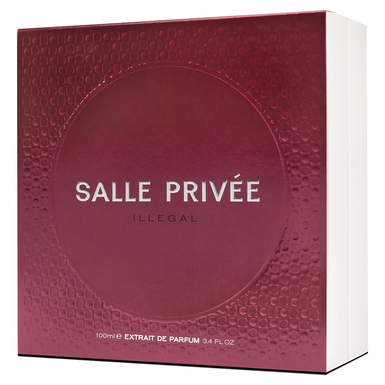 Quadratische Verpackung, rot mit weißem Rand. Aufschrift: SALLE PRIVÉE, ILLEGAL, Extrait de Parfum.