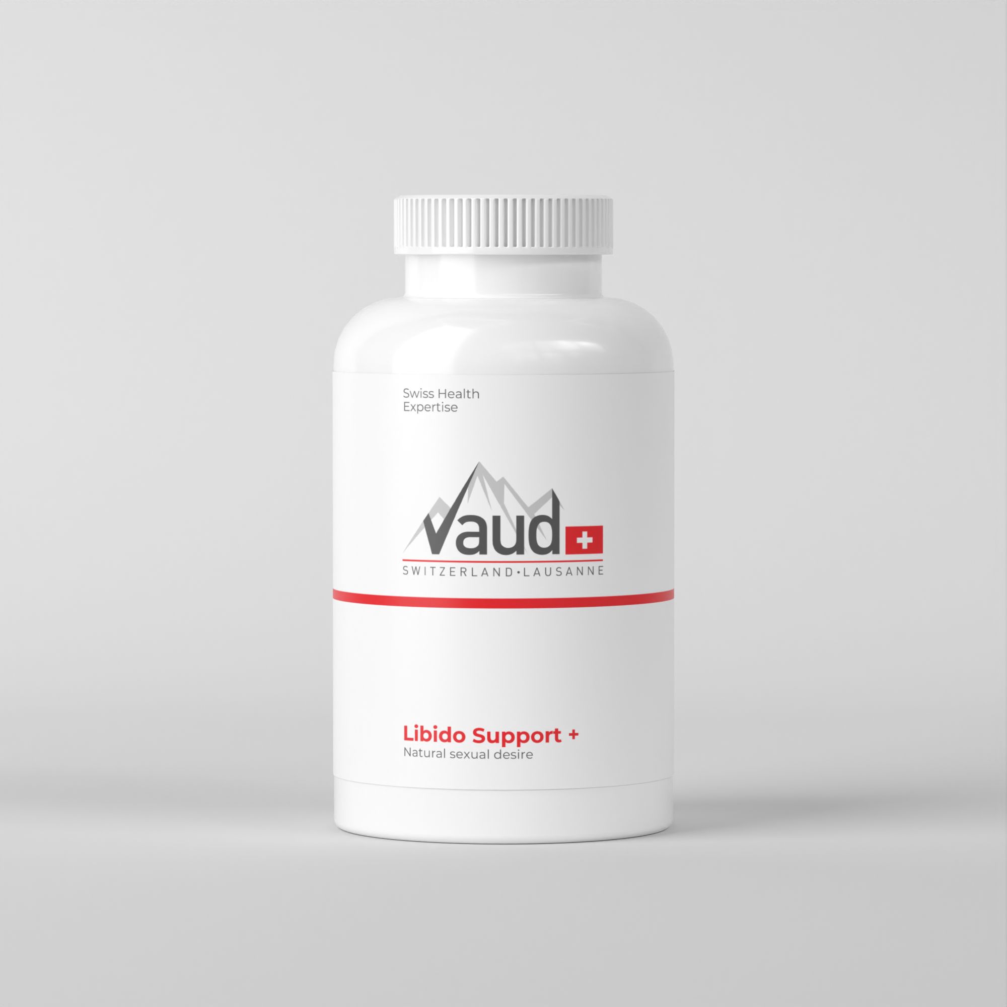 Weiße Flasche mit Kapseln. Vaud+ Logo und Libido Support+. Swiss Health Expertise.